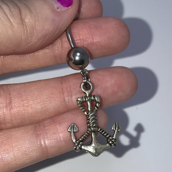 Large Anchor with Rope and Aqua Blue Gem Dangle Belly Ring - Picture 8 of 8